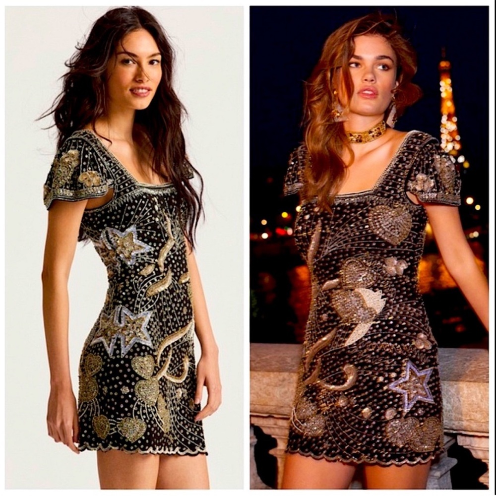 LoveShackFancy Davis Black and Gold Beaded Mini Dress